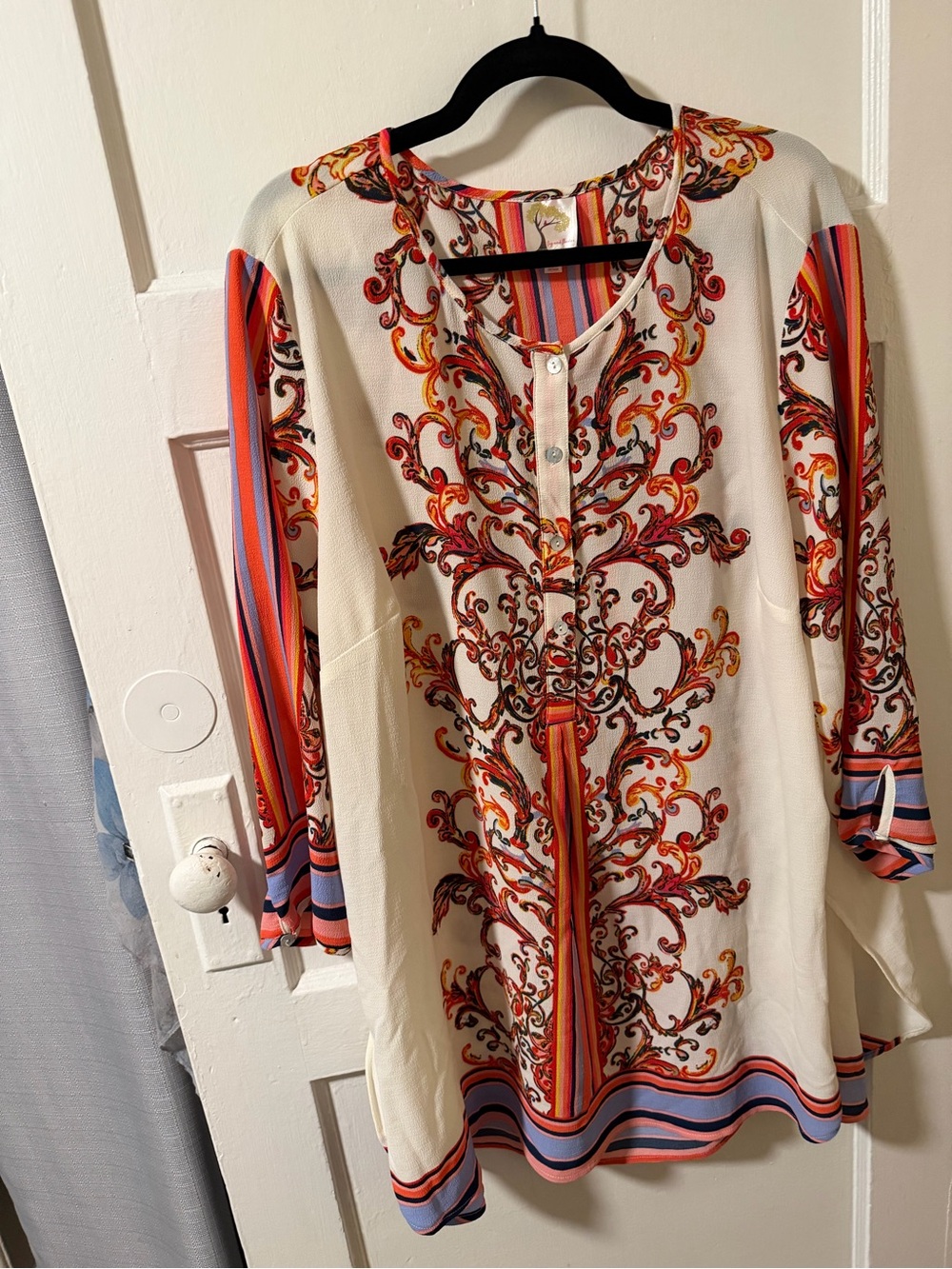 Women’s Fig & Flower Tunic Red & Orange Scroll & Stripe V-Neck Sz 3X Boho EUC